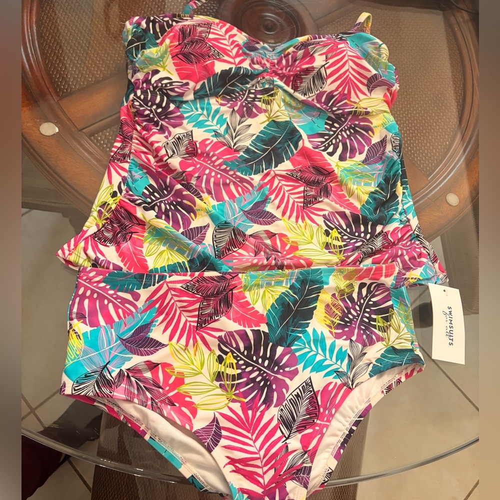 Swimsuits For All Women’s Tankini 2 piece Swim - Pink Multi Tropical Leaf